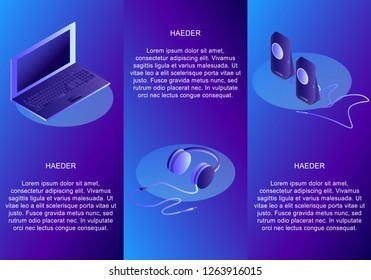 Isometric set of conceptual headings for devices. Laptop. Earphone. Speakers. Isometric vector illustration