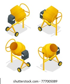 Isometric Set Of Concrete Mixer Icon For Web. Cement Mixer Vector, Pouring Cement Isolated White Background.