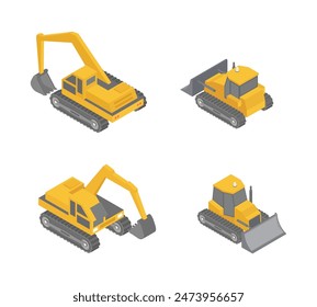 Isometric set of construction equipment icons. Isometric tractor, bulldozer and excavator on white background. 