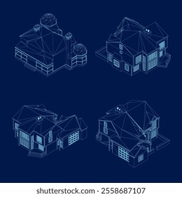 Isometric set of contour house. Various types of views. Vector illustration
