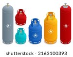 Isometric set of Cooking gas cylinders. Production, delivery and filling with natural gas of lpg gas bottle or tank.