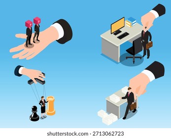 Conjunto isométrico de dinámica de energía Corporativa y metáforas de control comercial Ilustración vectorial isométrica 3d