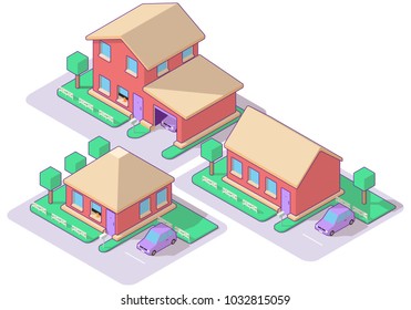 Isometric set with cottage in outline style isolated