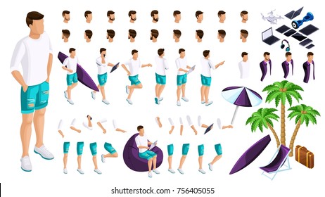 Isometric set of creating your character, a large set of gestures of hands and feet of a male 3d teenager, a guy relaxing in summer clothes.