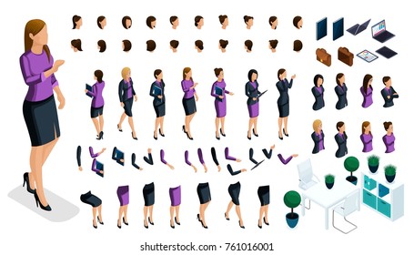 Isometric set for creating your character, a large set of gestures of hands and feet of a woman, a business lady. Create your vector character.