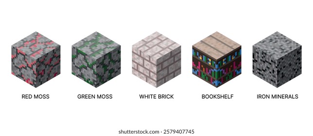 Isometric set of cubic blocks. Pixel style and bright textures are perfect for games, apps and creative projects