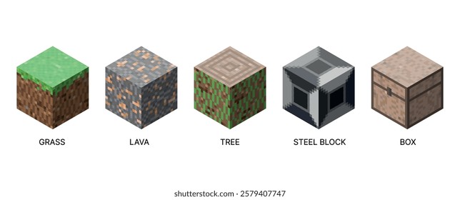 Isometric set of cubic blocks. Pixel style and bright textures are perfect for games, apps and creative projects