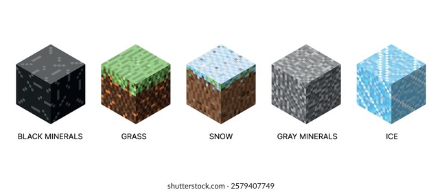 Isometric set of cubic blocks. Pixel style and bright textures are perfect for games, apps and creative projects