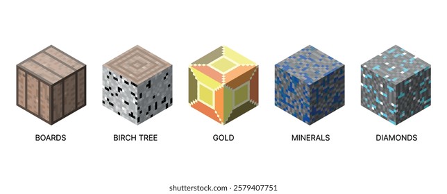 Isometric set of cubic blocks. Pixel style and bright textures are perfect for games, apps and creative projects