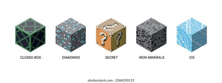 Isometric set of cubic blocks. Pixel style and bright textures are perfect for games, apps and creative projects