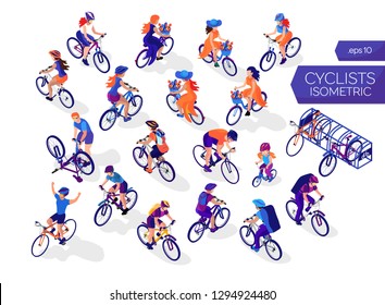 Isometric set of cyclists on a white background. Bicycle parking. Ladies in woman's bicycle. Sportsmen on road bike. Men and women on the bike. Bicycle delivery. 