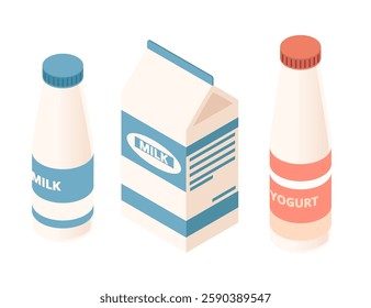 Isometric set of dairy products. Milk in cardboard packet, and yogurt in bottle. Glass and plastic bottles. Healthy drink. Vector illustration isolated on white background.