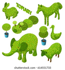 Isometric Set Of Decorative Bushes In Forms Of Animals. Topiary Vector  Illustration.