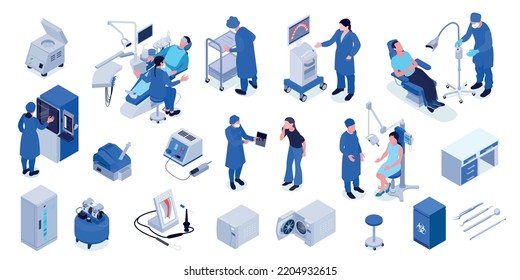 Isometric set of dental equipment dentists and patients isolated against white background 3d vector illustration