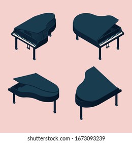 Isometric set of different foreshortening of grand piano. Black musical instrument on pink background