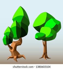 Isometric set of different low poly trees and shrubs vector graphic illustration design