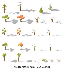 Isometric set of different low poly trees and shrubs vector graphic illustration design