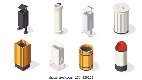Conjunto isométrico de diferentes latas de lixo ao ar livre, recipientes de lixo urbanos em várias formas e cores no fundo branco. Conceito de gestão de resíduos. Ilustração vetorial