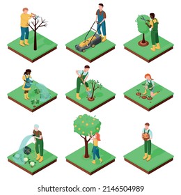 Isometric. A set of different people engaged in gardening: watering plants, planting trees, seedlings, harvesting, mowing grass with a lawn mower, pruning trees