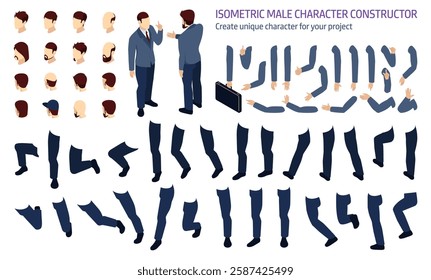 Isometric set of different positions of arm and leg for animation, male character constructor. Vector create unique businessman character for your project. Body parts, hair and beard style