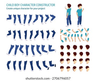 Isometric set of different positions of arm and leg for animation, child boy personage constructor. Vector create unique character for your project. Body parts and hair styles for young guy