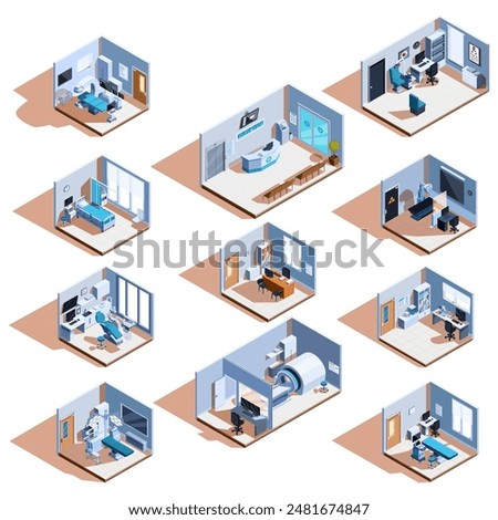 isometric set of different rooms in hospital, vector illustration