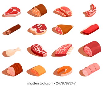 isometric set of different types of meat and sausages, vector illustration