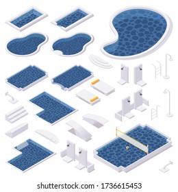 Isometric set of different types of pools, shower, deck chairs, springboards for the pool with water volleyball net