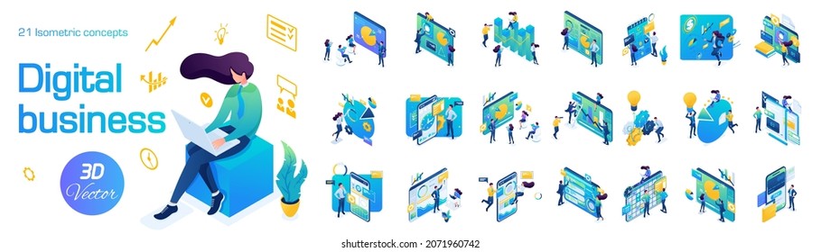 Isometric Set Digital Business Concepts. Creative teams solve business problems. Businessmen and Businesswomen. For Vector Illustrations.