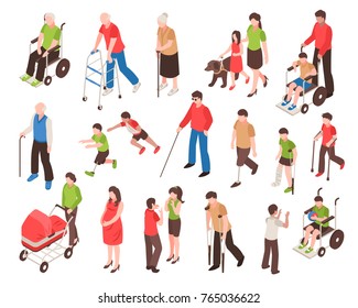 Isometric set with disabled people in wheelchair, with prosthetic limbs, blind and elderly persons isolated vector illustration