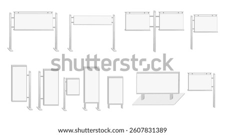 Isometric set of display stands and barriers. Empty billboard collection on stands. Vector illustration isolated on white background.