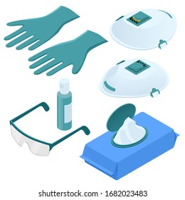 Isometric set of disposable protection against coronavirus, gloves, medical mask, hand sanitizer gel, alcohol, paper towels. The coronavirus protection trend is COVID-19.