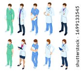 Isometric Set of doctors and nurses characters in white medical face mask. Coronavirus 2019-nCoV. Various male and female medicine workers.