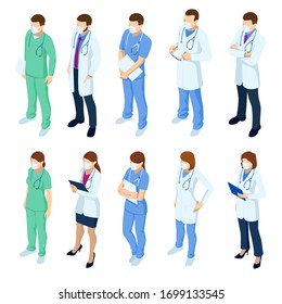 Isometric Set of doctors and nurses characters in white medical face mask. Coronavirus 2019-nCoV. Various male and female medicine workers.