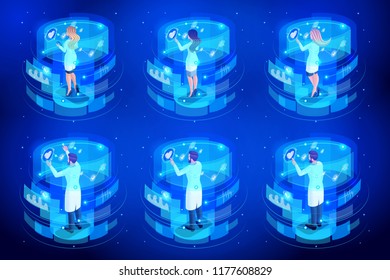 Isometric Set doctors working on virtual screens, remote control of medical life support devices, care of patients. High technology, back view