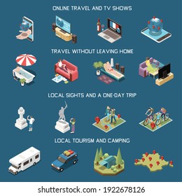 Isometric set of domestic and online travel local sights camping transport icons isolated on blue background 3d vector illustration
