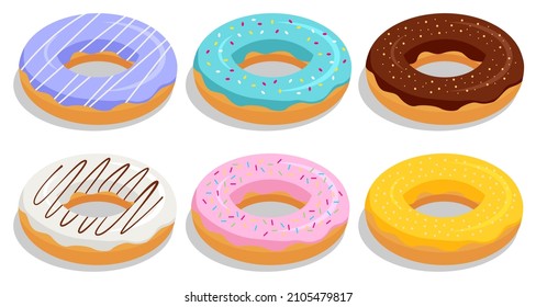 Isometric set of donuts with multicolored glaze. Sweet sugar icing donuts with different types, sugar, chocolate or maple glazing