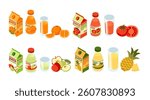 Isometric set of drink containers with fruits. Juice boxes and bottles. Beverage collection. Fresh fruit drink packaging. Vector illustration isolated on white background.
