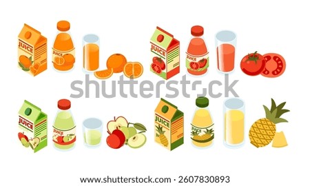 Isometric set of drink containers with fruits. Juice boxes and bottles. Beverage collection. Fresh fruit drink packaging. Vector illustration isolated on white background.