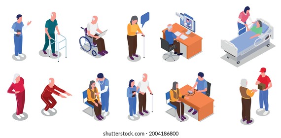 Isometric set of elderly people communicating with nurses and doing sports isolated vector illustration