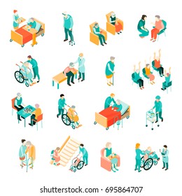 Isometric set of elderly people in different situations and medical staff in nursing home isolated vector illustration