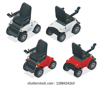 Isometric set of electric wheelchair. New large motorized electric wheelchair. Mobile scooter.