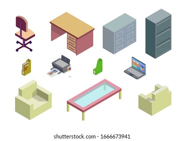 isometric set of element of office and home furniture. isolation on white