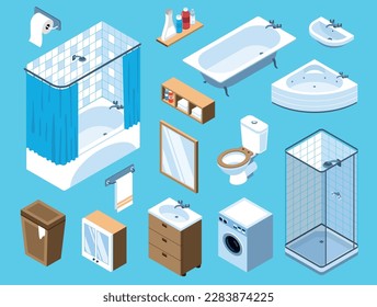 Isometric set of elements for bathroom interior with toilet bathtub washbasin washing machine furniture and accessories isolated on blue background 3d vector illustration