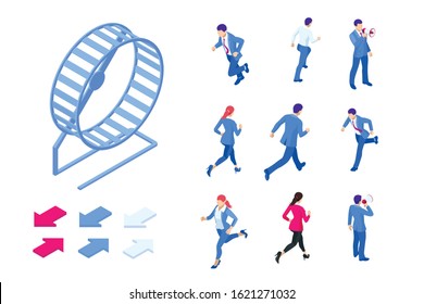 Isometric Set Elements Of Businessman Running In A Hamster Wheel. The Business As Hard Work, Motivation And Success Concept.