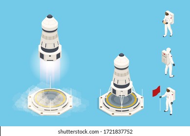 Isometric set elements of space rocket or shuttle. Rocket takes off .