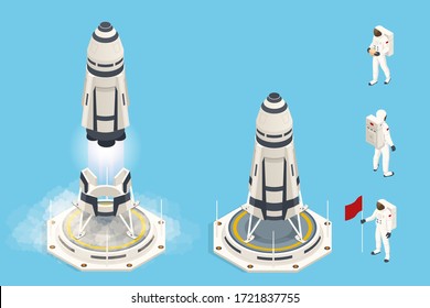 Elementos isométricos del cohete espacial o lanzadera. El cohete despega.