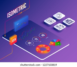 Isometric set of E-mail, File settings and Shop icons. Income money sign. Mail delivery, File management, Store. Wealth. Software or Financial markets. Analysis data concept. Isometric vector