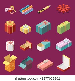 Isometric set of empty and wrapped cardboard gift boxes and stationery icons 3d isolated vector illustration