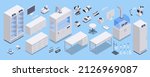 Isometric set equipments of scientist chemical laboratory. Various furniture, interior, support stand, shelf, flask, jars, bottles with liquid, dropper, test tubes, microscope, magnifier.